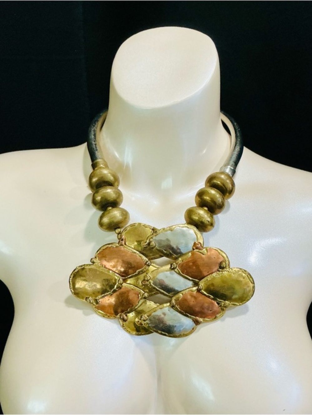 VTG Artisan Huge Brutalist Tri Metal Bib Statement Brass Silver Tone Copper EUC